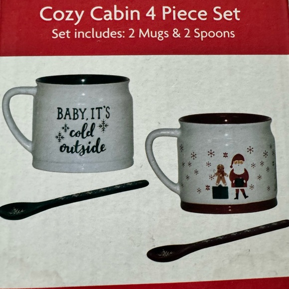 Beautifully decorated Christmas holiday ceramic cozy cabin 4-piece mug set, - Picture 3 of 3